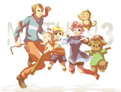 1girl 2boys baseball_bat blonde_hair blue_eyes boney brown_hair dog doseisan duster_(mother) hat hood hoodie jewelry kayako_(bimabima) kumatora lucas_(mother_3) monkey mother_(series) mother_3 multiple_boys nintendo one_eye_closed pendant pink_hair quiff rope_snake salsa_(mother) smile wink