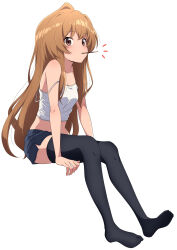 1girl absurdres aisaka_taiga black_shorts black_thighhighs blush breasts brown_hair camisole commentary crop_top food full_body highres invisible_chair long_hair looking_at_viewer midriff mouth_hold nishizuki_shino no_shoes notice_lines pocky short_shorts shorts side_slit simple_background sitting small_breasts solo strap_slip thighhighs toradora! very_long_hair white_background white_camisole