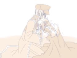 1boy 1girl braid braided_ponytail brown_theme cape coat commentary_request crusader_(ragnarok_online) crying dated_commentary full_body hat headpat kneeling long_hair monochrome multicolored_coat newsboy_cap open_mouth priest_(ragnarok_online) ragnarok_online sharari short_hair single_braid two-tone_coat