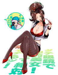 Rule 34 | belt, black hair, blue eyes, bra, breasts, brown hair, checkered clothes, cleavage, crossed legs, earrings, fingernails, fishnet pantyhose, fishnets, glasses, green eyes, hair ornament, hat, hayakawa-dono, high collar, high heels, jacket, japanese text, jewelry, kaihime, large breasts, legs, lips, lipstick, long hair, makeup, midriff, miniskirt, mothika, nail polish, necklace, nightcap, one eye closed, pajamas, pantyhose, parted bangs, parted lips, pillow, ponytail, red bra, red nails, red shoes, red skirt, sengoku musou, shoes, skirt, smile, thighs, underwear, wavy hair, wink