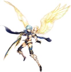 1girl armor artist_request bad_source belt blue_eyes blue_hair breasts cape feathered_wings full_body game_cg gloves highres holding holding_sword holding_weapon official_art roshwan serious short_shorts shorts solo sword third-party_source transparent_background unitia weapon wings