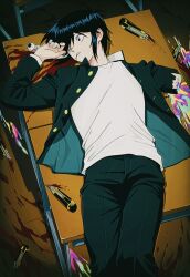 1boy absurdres amputee black_eyes black_hair bleeding blood blood_from_mouth classroom death desk eyeball gakuran guro highres indoors injury looking_to_the_side lying male_focus on_back parted_lips rainbow_blood randal&#039;s_friends school_desk school_uniform shirt short_hair solo tsukada_satoru uri_ka55 white_shirt