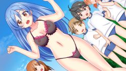 Rule 34 | ayako ryuugasaki, blue buruma, blue hair, blue shorts, blush, bra, breasts, brown eyes, buruma, censored, complets, game cg, gym shirt, gym shorts, gym uniform, lingerie, long hair, mosaic censoring, navel, nipples, panties, pussy, see-through clothes, see-through panties, shin yagai gakushuu ~nudist camp hen~, shirt, shorts, shy, teacher, teacher and student, underwear, white shirt