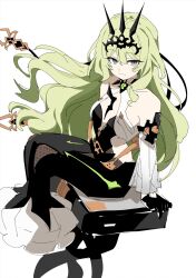 1girl bare_shoulders black_dress black_gloves black_tiara breasts center_opening closed_mouth dress earrings gloves green_eyes green_hair haigo_ti highres honkai_(series) honkai_impact_3rd jewelry long_hair looking_at_viewer mobius_(honkai_impact) ouroboros protected_link simple_background sitting sitting_on_object slit_pupils small_breasts solo spikes tiara white_background