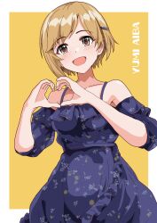 1girl aiba_yumi blue_dress blue_sleeves breasts brown_eyes brown_hair character_name collarbone dress floral_print hair_ornament hairclip heart heart_hands highres idolmaster idolmaster_cinderella_girls illustscody looking_at_viewer medium_breasts open_mouth short_hair smile solo spaghetti_strap