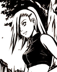 Rule 34 | 1girl, breasts, earrings, female focus, hair ornament, hair over one eye, hairclip, jewelry, long hair, lowres, monochrome, naruto (classic), naruto (series), nature, outdoors, plant, ponytail, solo, tk (tk&#039;s level4), tree, yamanaka ino