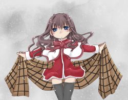Rule 34 | 1girl, blue eyes, brown hair, female focus, kanon, key (company), long hair, misaka kaori, school uniform, shawl, solo, thighhighs