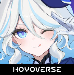Rule 34 | 1girl, ;q, blue background, blue eyes, blue pupils, blue streaks, blush, commentary, company name, curly hair, dot nose, double-parted bangs, drop-shaped pupils, furina (genshin impact), genshin impact, gloves, gurh32, hair between eyes, hand up, highres, licking lips, long eyelashes, mihoyo icon parody, multicolored hair, one eye closed, portrait, pose imitation, salute, simple background, solo, streaked hair, symbol-only commentary, symbol-shaped pupils, tongue, tongue out, two-finger salute, white gloves, white hair