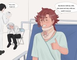 1boy 2girls bed black_pants black_shoes chair closed_eyes collared_shirt commentary english_text folding_chair gf_sat_on_my_face_too_hard_(meme) grin gundam gundam_suisei_no_majo highres hospital_bed hospital_gown long_hair meme miorine_rembran multiple_girls neck_brace pants qnhuw red_hair shirt shoes short_hair sitting smile speech_bubble suletta_mercury thick_eyebrows thumbs_up white_hair white_shirt wife_and_wife