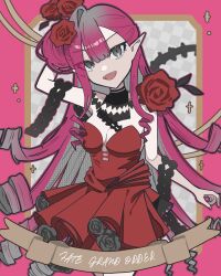 1girl absurdres baobhan_sith_(fate) baobhan_sith_(fgo_fes._2025)_(fate) bare_shoulders breasts detached_collar dress fangs fate/grand_order fate_(series) flower grey_eyes hair_bun hair_flower hair_ornament hand_up highres long_hair looking_at_viewer open_mouth pink_hair pointy_ears red_dress red_flower smile solo user_nset2884