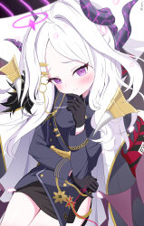 1girl absurdres ahoge armband black_coat black_gloves black_halo black_skirt blue_archive blush breasts coat coat_on_shoulders demon_girl demon_horns demon_wings gloves halo highres hina_(blue_archive) horns long_hair looking_at_viewer purple_eyes red_armband skirt small_breasts solo standing walker-0083 white_hair wings