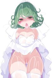 1girl 2025 blush bottomless bridal_veil bukkake clothes_lift condom condom_in_mouth cum cum_on_body cum_on_hair cum_on_lower_body cum_on_upper_body dress dress_lift facial female_focus green_eyes green_hair highres kukuchi581 legs lifting_own_clothes loli looking_at_viewer medium_hair mouth_hold no_panties one-punch_man pussy smile solo standing tagme tatsumaki thighhighs thighs used_condom veil wedding_dress white_background