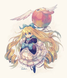 1girl balloon blonde_hair blue_bow blue_eyes blue_shoes bow commentary dress drill_hair duel_monster earrings full_body hair_bow hand_up hashibi_rokou heart heart_earrings highres jewelry long_hair long_sleeves princess_cologne shoes simple_background smile very_long_hair yellow_background yu-gi-oh! yu-gi-oh!_zexal