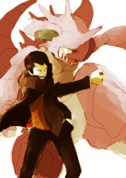 1boy black_hair gen_1_pokemon giovanni_(pokemon) gym_leader jacket male_focus nidoking nintendo pants poke_ball poke_ball_(basic) pokemon pokemon_(creature) tsu_da waist_poke_ball