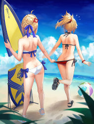 2girls ahoge anger_vein artoria_pendragon_(fate) artoria_pendragon_(swimsuit_archer)_(fate) artoria_pendragon_(swimsuit_archer)_(first_ascension)_(fate) ass back bad_id bad_twitter_id ball bare_shoulders beach beachball bikini blonde_hair braid broken butt_crack day duplicate fate/grand_order fate_(series) female_focus flying_sweatdrops full_body hair_bun halterneck highres mordred_(fate) mordred_(swimsuit_rider)_(fate) mordred_(swimsuit_rider)_(first_ascension)_(fate) mother_and_daughter multiple_girls outdoors ponytail red_scrunchie sand sandals scrunchie side-tie_bikini_bottom single_hair_bun sky sleeveless standing string_bikini surfboard swimsuit tonee water