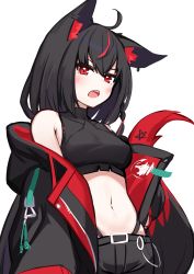 absurdres ahoge animal_ear_fluff animal_ears black_hair black_jacket black_shirt black_shorts blush braid breasts commentary_request crop_top deaver earrings fox_ears fox_girl fox_tail hair_between_eyes highleg highleg_panties highres hololive jacket jewelry kurokami_fubuki long_hair looking_at_viewer multicolored_hair navel open_clothes open_jacket open_mouth panties pentagram red_eyes red_hair shirt short_shorts shorts sidelocks simple_background single_braid small_breasts streaked_hair tail underwear virtual_youtuber white_background