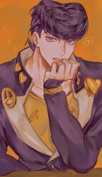 1boy ? anchor_ornament beni_(96beni_) black_hair black_jacket collared_jacket diamond_wa_kudakenai earrings gakuran hand_on_own_chin heart higashikata_josuke jacket jewelry jojo_no_kimyou_na_bouken male_focus open_clothes open_jacket parted_lips peace_symbol pompadour purple_eyes school_uniform sleeves_past_wrists solo spoken_question_mark upper_body yellow_background zipper