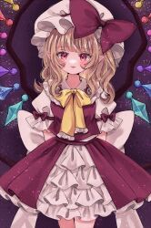 1girl :p arms_behind_back blonde_hair commentary_request cowboy_shot crystal dark_background dress duplicate embellished_costume flandre_scarlet hat heart heart-shaped_pupils highres jaku_sono light_particles long_hair looking_at_viewer mob_cap pixel-perfect_duplicate pointy_ears red_dress red_eyes simple_background solo symbol-shaped_pupils tongue tongue_out touhou wings