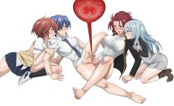 4girls absurdres akuma_no_riddle arm_support azuma_tokaku bare_legs barefoot black_shirt blue_eyes blue_hair blush boots bottomless breasts clitoris clothed_sex commission cross-section eye_contact female_fertilization fertilization hand_on_another&#039;s_arm highres ichinose_haru impregnation jacket kirigaya_hitsugi large_breasts leaning_back leenvidia light_blue_hair long_hair looking_at_another medium_breasts medium_hair messy_hair multiple_girls namatame_chitaru necktie open_mouth ovum pink_eyes pussy pussy_juice red_eyes red_hair scar shiny_skin shirt shoes sitting skirt small_breasts smile socks spread_legs teeth tongue tongue_out transparent_background tribadism twintails uncensored vest white_shirt yellow_eyes yuri