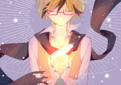 1boy absurdres black_hair black_scarf blonde_hair closed_eyes fang green_necktie highres jewelry lawless_(servamp) long_scarf male_focus multicolored_hair multiple_rings natsunosunflower necktie plume purple_background red-framed_eyewear ring scarf servamp short_hair two-tone_hair