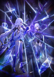 1girl absurdres breasts chinese_commentary commentary_request different_reflection dress dual_persona full_body genshin_impact hair_ornament high_heels highres large_breasts long_hair multiple_views prosthesis prosthetic_arm prosthetic_leg reflection skirk_(genshin_impact) standing tongyu very_long_hair white_dress white_hair