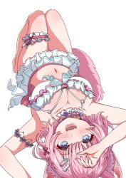 1girl animal_ears arm_strap bikini blue_eyes blush breasts choker ekaki_mato frilled_bikini frills hair_ornament hairclip hakui_koyori hakui_koyori_(summer) hololive large_breasts looking_at_viewer lying navel on_back pink_hair simple_background swimsuit tail thigh_strap upside-down virtual_youtuber white_background wolf_ears wolf_tail