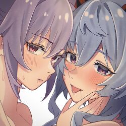 Rule 34 | 2girls, blue hair, blush, commentary request, ganyu (genshin impact), genshin impact, hand on another&#039;s face, highres, keqing (genshin impact), multiple girls, nude, parted lips, purple eyes, purple hair, simple background, sweat, tongue, tongue out, white background, wu qin (gyxx 04), yuri