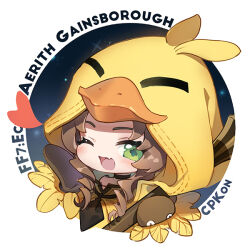 1girl aerith_gainsborough aerith_gainsborough_(chocobo_suit) animal_hood artist_name bird_hood black_choker border brown_hair cat_princess character_name chibi chocobo choker curly_hair fang final_fantasy final_fantasy_vii final_fantasy_vii_ever_crisis green_eyes halloween_costume hand_up heart holding holding_staff hood hood_up looking_at_viewer official_alternate_costume one_eye_closed parted_bangs sidelocks solo staff white_border