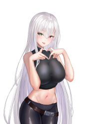 1girl bare_arms bare_shoulders belt black_pants black_shirt breasts cowboy_shot crop_top green_eyes heart heart_hands heterochromia highres large_breasts long_hair looking_at_viewer loose_belt midriff nail_polish navel original pants raurashun red_eyes shirt sleeveless sleeveless_shirt smile solo standing stomach taut_clothes taut_shirt tongue tongue_out v-shaped_eyebrows very_long_hair white_hair