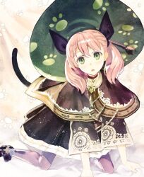 Rule 34 | 1girl, all fours, animal ears, artist request, atelier (series), bell, black dress, blush, braid, capelet, cat day, cat ears, cat girl, cat tail, choker, dress, escha malier, escha malier (enchanted witch), green eyes, green headwear, hair ribbon, light particles, looking at viewer, neck bell, open mouth, pantyhose, paw print, pink hair, purple pantyhose, ribbon, solo, tail, tail raised, triangle mouth, twintails