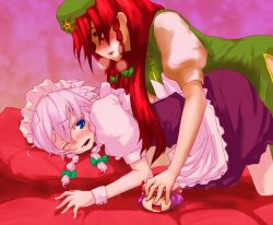2girls bad_id bad_pixiv_id blush breath female_focus gen_1_pokemon hat hong_meiling izayoi_sakuya maid multiple_girls nintendo pokemon pokemon_(creature) remilia_scarlet ribbon soubi staryu touhou yukkuri_shiteitte_ne yuri