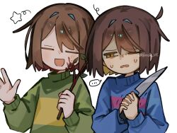 Rule 34 | ..., 2others, blood, blood on face, blue sweater, brown hair, chara (undertale), closed mouth, dande lion2604, double horizontal stripe, frisk (undertale), highres, holding, holding knife, holding stick, knife, multiple others, nervous, open mouth, other focus, short hair, simple background, smile, spoken ellipsis, stick, sweat, sweater, twitter username, undertale, upper body, white background, yellow eyes