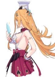 1girl apron black_bow blonde_hair bow braid breasts chef_hat choker cleavage earrings escoffier_(genshin_impact) frilled_skirt frills from_side genshin_impact hair_bow hair_ornament hairclip hairpin hat heart highres holding holding_knife jewelry knife long_hair mituku2489291 red_eyes ribbon side_braid sideboob skirt solo sparkle underboob upper_body