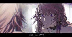Rule 34 | 1girl, 1nuyaki, ascot, bare shoulders, black border, black choker, border, bow, brown hair, choker, closed mouth, commentary, crazy eyes, english text, frills, hair between eyes, hair bow, hair ornament, herta (honkai: star rail), highres, honkai: star rail, honkai (series), long hair, looking at mirror, mirror, no headwear, purple bow, purple eyes, reflection, sidelocks, solo, symbol-only commentary, the herta (honkai: star rail), white ascot, x hair ornament