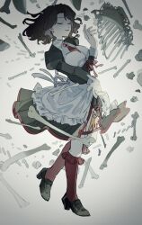 Rule 34 | 1girl, apron, black dress, black shoes, bone, breasts, brooch, brown hair, closed eyes, dress, finsuess, full body, gradient background, grey hair, hand up, highres, jewelry, kneehighs, large breasts, long sleeves, necktie, otome kaibou (vocaloid), parted lips, puffy sleeves, red necktie, red socks, ribs, shannon (umineko), shoes, short necktie, skeleton, socks, solo, standing, umineko no naku koro ni, waist apron, white apron