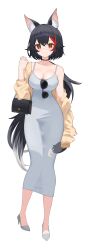 Rule 34 | 1girl, absurdres, alternate costume, animal ear fluff, animal ears, bag, black collar, black hair, breasts, cardigan, cleavage, closed mouth, collar, commentary, crossed bangs, dongtan dress, double-parted bangs, dress, eyewear hang, full body, grey dress, grey footwear, hair between eyes, hair ornament, hairclip, hand up, handbag, high heels, highres, hololive, large breasts, long hair, looking at viewer, low ponytail, meme attire, multicolored hair, one o clcok, ookami mio, open cardigan, open clothes, pencil dress, ponytail, red hair, simple background, single off shoulder, single sleeve past fingers, smile, solo, spiked hair, streaked hair, sunglasses, tail, tail around own leg, tail wrap, tight clothes, unworn eyewear, very long hair, virtual youtuber, white background, white hair, wolf ears, wolf girl, wolf tail, yellow cardigan, yellow eyes