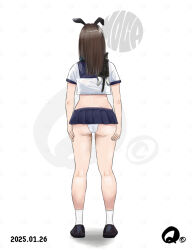 1girl animal animal_ear_hairband animal_ears animal_on_shoulder arms_at_sides ass black_shoes brown_hair cat cat_on_shoulder crop_top dated facing_away fake_animal_ears from_behind hairband long_hair midriff miniskirt original panties q98780409 rabbit_ear_hairband rabbit_ears shirt shoes short_sleeves simple_background skirt socks solo underwear white_background white_shirt white_socks