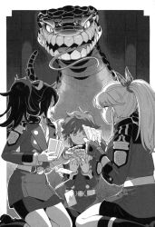 animal boots card clueless giant_snake gloves highres light_novel lloyd_belladonna metal_arm monochrome official_art oversized_animal phyllo_quinone playing_card riho_flavin snake sweatdrop tatoeba_last_dungeon_mae_no_mura_no_shounen_ga_joban_no_machi_de_kurasu_youna_monogatari vritra_(last_dungeon) watanuki_nao