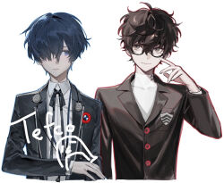 2boys adjusting_eyewear amamiya_ren arm_at_side artist_collaboration artist_name black-framed_eyewear black_eyes black_hair black_jacket black_ribbon blazer blue_eyes blue_hair breast_pocket buttons chinese_commentary closed_mouth collared_shirt commentary_request cropped_torso dress_shirt earphones earphones_around_neck earphones_removed expressionless gekkoukan_high_school_uniform glasses hair_between_eyes hair_over_one_eye hand_on_eyewear hand_on_own_arm hand_up in-franchise_crossover jacket lapels light_smile looking_to_the_side male_focus multiple_boys neck_ribbon notched_lapels open_clothes open_jacket persona persona_3 persona_5 pocket ribbon school_emblem school_uniform shirt short_hair shuujin_academy_school_uniform simple_background smilesmile1312 tefco turtleneck turtleneck_shirt very_short_hair white_background white_shirt wing_collar yuuki_makoto_(persona_3)