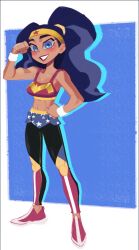 1girl black_hair blue_eyes breasts chi-iz dc_comics dc_super_hero_girls flexing grin long_hair medium_breasts microskirt midriff pants pants_under_skirt ponytail skirt smile solo toned wonder_woman wonder_woman_(series) wristband