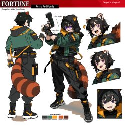 1boy absurdres animal_ears black_boots black_gloves black_hair black_pants boots commission fingerless_gloves gloves green_jacket gun hepari highres holding holding_gun holding_weapon jacket lace-up_boots long_sleeves looking_at_viewer original pants purple-tinted_eyewear purple_eyes red_panda_boy red_panda_ears red_panda_tail reference_sheet sharp_teeth short_hair smile solo teeth tinted_eyewear upper_teeth_only weapon