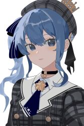 1girl beret black_choker blue_eyes blue_hair breasts choker collared_shirt crown enju_clerith hair_between_eyes hat highres hololive hoshimachi_suisei jacket jewelry long_hair looking_at_viewer medium_breasts mini_crown necklace necktie parted_lips pendant_choker plaid_clothes plaid_hat plaid_jacket portrait shirt sidelocks solo star_(symbol) star_choker upper_body virtual_youtuber white_background white_shirt