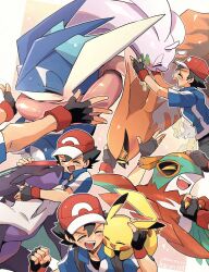 1boy antennae ash_ketchum baseball_cap bird blue_shirt blue_skin blush closed_eyes colored_skin dragon feathered_wings fewer_digits fins frog gen_1_pokemon gen_6_pokemon goodra greninja harvest88 hat hawlucha head_fins headpat highres long_tongue nintendo noivern pikachu pokemon pokemon_(anime) pokemon_xy_(anime) reaching reaching_towards_another red_headwear shirt talonflame talons tongue wings