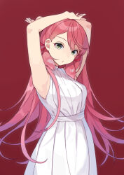 1girl akashi_(kancolle) armpits arms_up breasts commentary_request dress green_eyes hair_ribbon kantai_collection long_hair looking_at_viewer medium_breasts mitsuyo_(mituyo324) pink_hair red_background red_ribbon ribbon simple_background sleeveless sleeveless_dress solo tress_ribbon very_long_hair white_dress