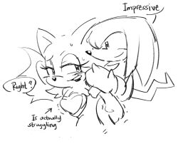 1boy 1girl animal_ears animal_nose bat_ears bat_girl carrying commentary english_commentary english_text fishsoof furry furry_female furry_male highres knuckles_the_echidna piggyback rouge_the_bat sketch smile sonic_(series) sweat tail trembling