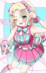2girls :3 :d ;d anyoji_hime aqua_bow aqua_bowtie aqua_shirt arms_up bare_shoulders blonde_hair blue_background blue_eyes blue_hair blunt_sidelocks blush blush_stickers bow bowtie character_name chibi chibi_inset claw_pose clothes_writing commentary curtained_hair fang feet_out_of_frame group_name hair_bow hair_ornament heart heart_hair_ornament katanashi_(ktnsh_popu) letter_hair_ornament link!_like!_love_live! long_hair love_live! lower_teeth_only miniskirt mira-cra_park! multi-tied_hair multicolored_hair multiple_girls navel official_alternate_costume one_eye_closed open_mouth osawa_rurino outstretched_arms parted_bangs pink_bow pink_hair pink_skirt pink_vest pleated_skirt ponytail shirt sidelocks simple_background skirt skirt_set sleeveless sleeveless_shirt smile socks solo_focus spread_arms standing teeth thigh_strap two-tone_hair underbust vest virtual_youtuber wawo!_(love_live!) white_socks x_hair_ornament