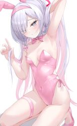Rule 34 | 1girl, absurdres, animal ear hairband, animal ears, armpits, blue archive, bow, bowtie, braid, breasts, closed mouth, collar, collarbone, covered navel, detached collar, embarrassed, fake animal ears, front braid, grey eyes, hair over one eye, hairband, halo, highleg, highleg leotard, highres, kneeling, leotard, light blush, long hair, looking at viewer, multicolored hair, pink bow, pink bowtie, pink hair, pink hairband, pink halo, pink leotard, pink pupils, pink shoes, pink streaks, plana (blue archive), playboy bunny, rabbit ear hairband, rabbit ears, shawn358, shoes, side braid, simple background, small breasts, solo, straight hair, strapless, strapless leotard, streaked hair, thigh strap, two-tone hair, white background, white collar, white hair