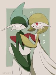 2boys a-nya arm_at_side arrow_(symbol) artist_name blue_hair blush bob_cut border closed_mouth colored_skin from_side gallade gardevoir gen_3_pokemon gen_4_pokemon green_background green_hair green_skin grey_border hair_over_one_eye half-closed_eyes hand_on_another&#039;s_chest hand_up heart highres light_blush looking_at_another male_focus mars_symbol mohawk multicolored_hair multicolored_skin multiple_boys nintendo one_eye_covered outside_border pokemon pokemon_(creature) red_eyes short_hair signature simple_background standing sweat trap twitter_username two-tone_hair two-tone_skin white_skin yaoi
