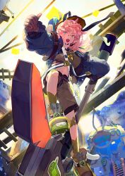 1girl :d backpack bag bandaid bandaid_on_face bandaid_on_knee bandaid_on_leg bandaid_on_nose blue_coat blue_eyes boots brown_boots brown_shorts coat crop_top crossed_bandaids dynamic_pose fate/grand_order fate_(series) floating_hair foot_up full_body game_cg gloves grey_gloves hard_hat helmet high_collar holding holding_pickaxe huge_weapon kibadori_rue long_sleeves looking_at_viewer midriff navel official_art open_clothes open_coat open_mouth orange_hair outstretched_arms oversized_object pickaxe shorts smile teeth third-party_source thumbs_up upper_teeth_only van_gogh_(fate) van_gogh_(miner)_(fate) weapon