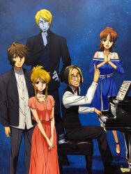 2girls 3boys alien black_suit blue_skin character_request closed_mouth colored_skin desler formal_clothes habara_nobuyoshi highres instrument long_hair looking_at_viewer miyagawa_akira mori_yuki multiple_boys multiple_girls official_art open_mouth piano real_life smile space star_(sky) suit uchuu_senkan_yamato uchuu_senkan_yamato_2199 yamamoto_akira